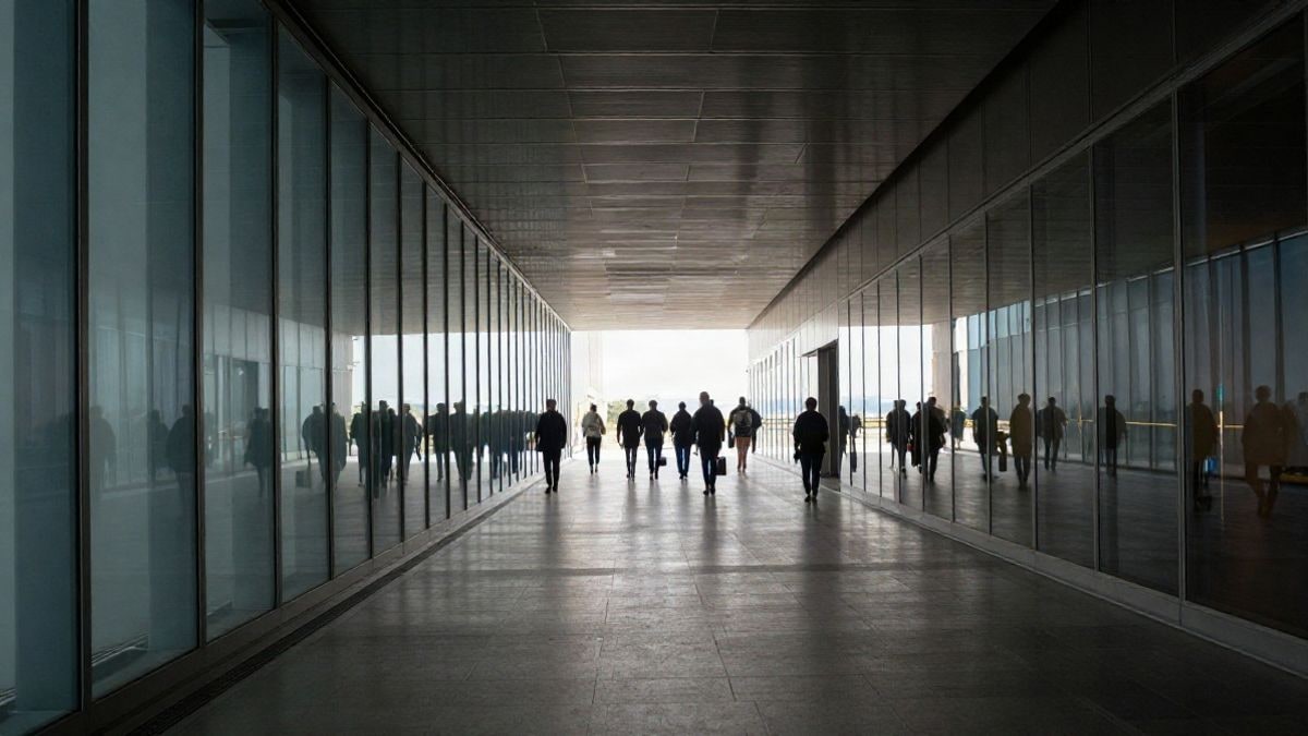 Illustrative image: modern glass corridor with lines converging towards the background and natural light