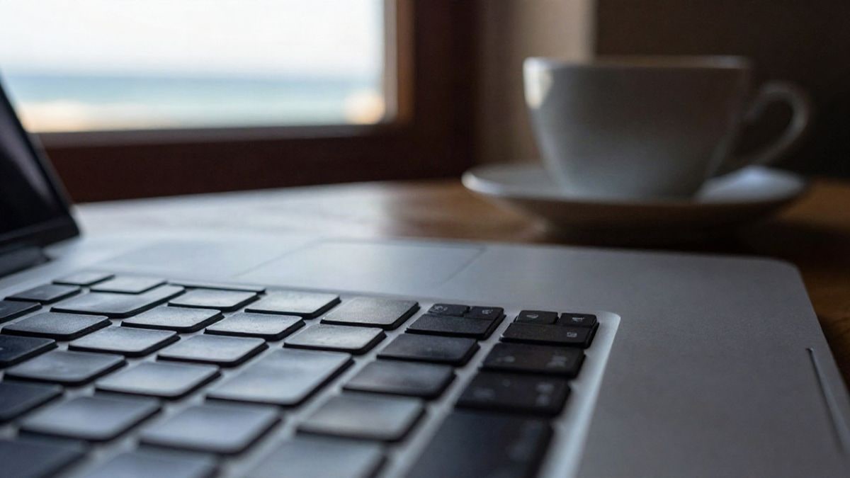 Imagen ilustrativa: primer plano de un teclado de portátil y una taza de café sobre una mesa de madera junto a una ventana