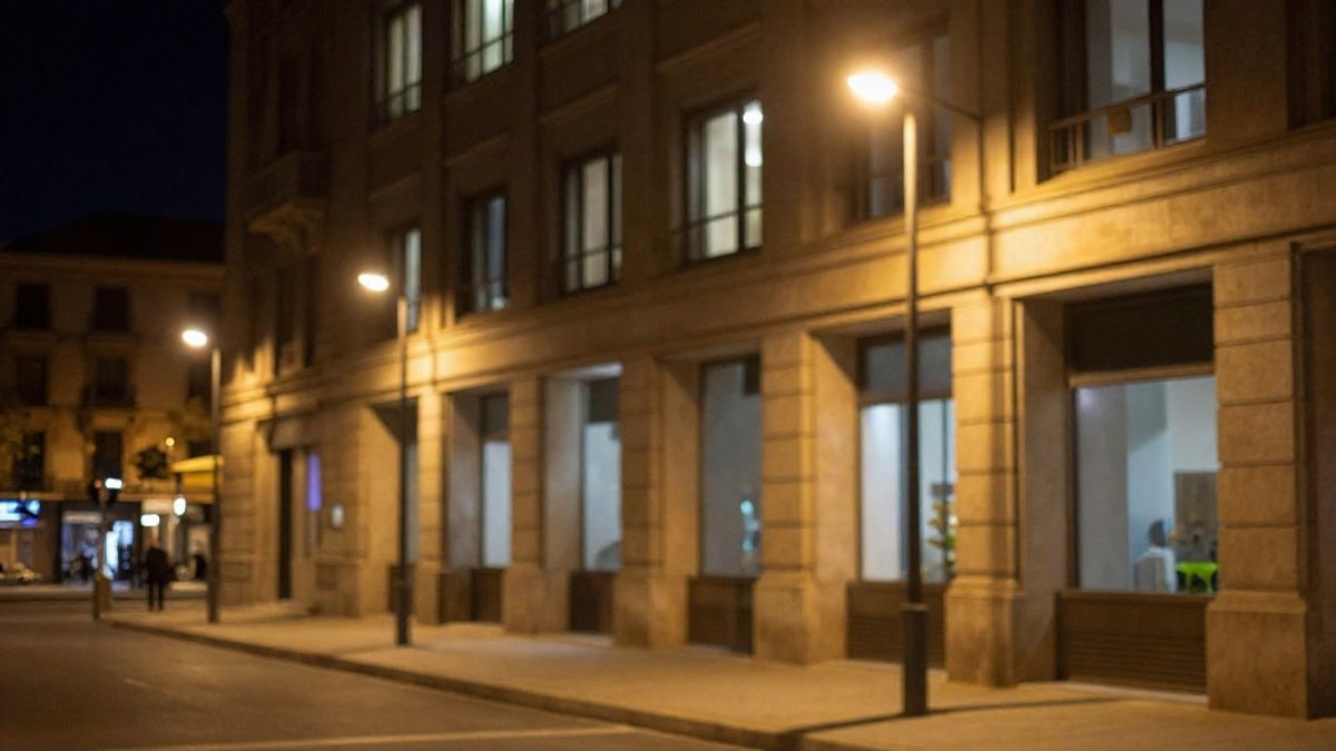 Imagen ilustrativa: fachada de un edificio de oficinas iluminada por farolas en un plano nocturno