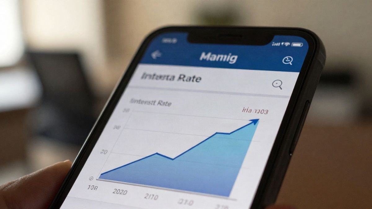 Imagen ilustrativa: primer plano de un teléfono móvil con una aplicación bancaria y un gráfico de tipos de interés en ascenso