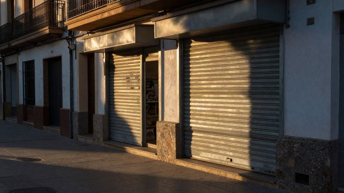 Imagen ilustrativa: fachada de un pequeño comercio con persiana metálica medio subida al atardecer, con sombras largas en la acera