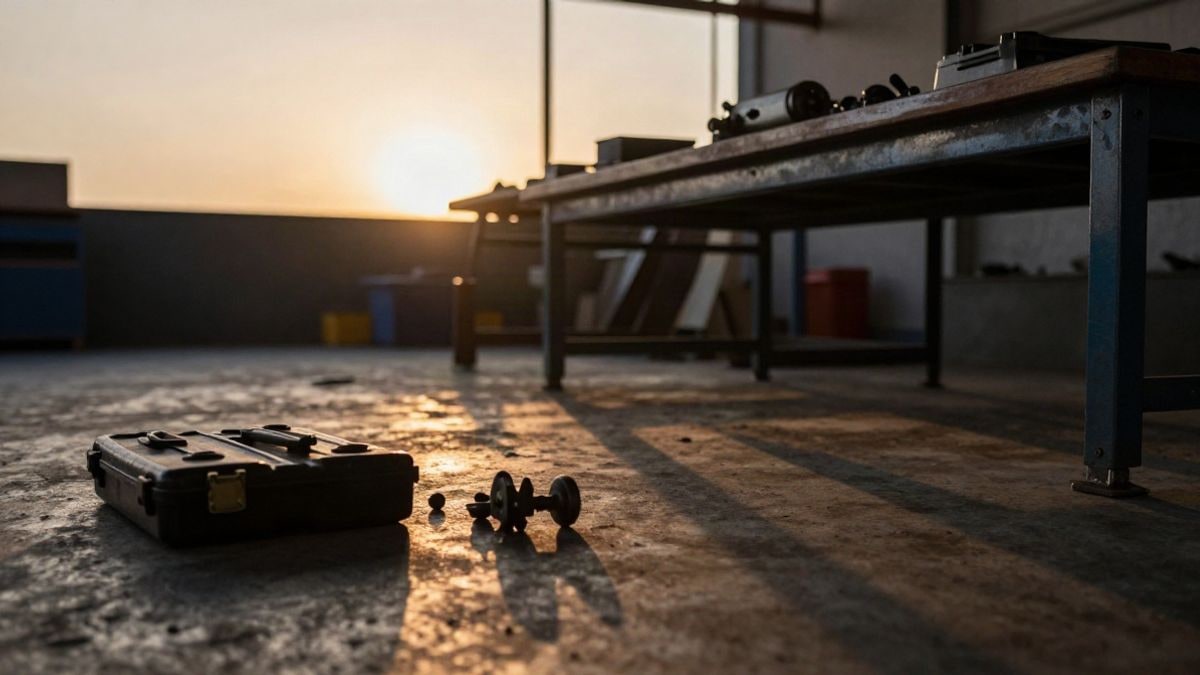 Imagen ilustrativa: banco de trabajo industrial con piezas de maquinaria al atardecer, visto desde ángulo bajo