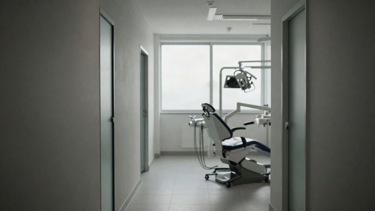 Imagen ilustrativa: pasillo de una clínica dental moderna con líneas que convergen y un gabinete vacío al fondo