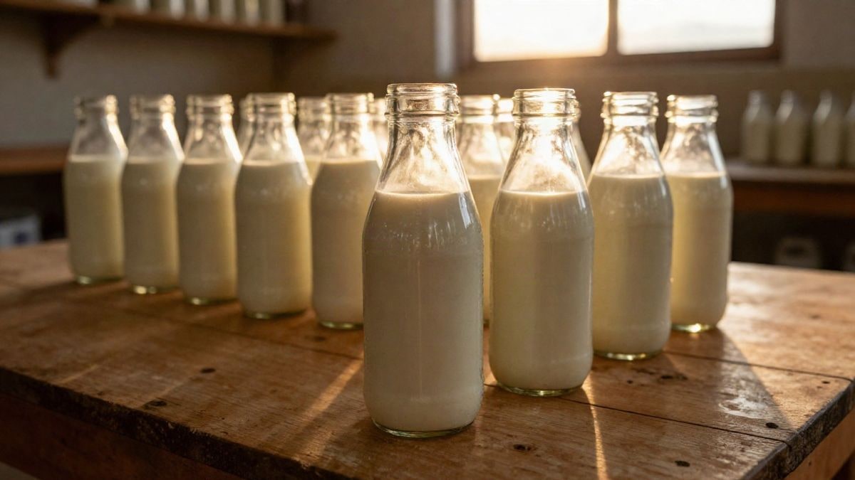 Imagen ilustrativa: botellas de vidrio de leche sobre una mesa de madera al atardecer, con luz de contraluz y sombras largas