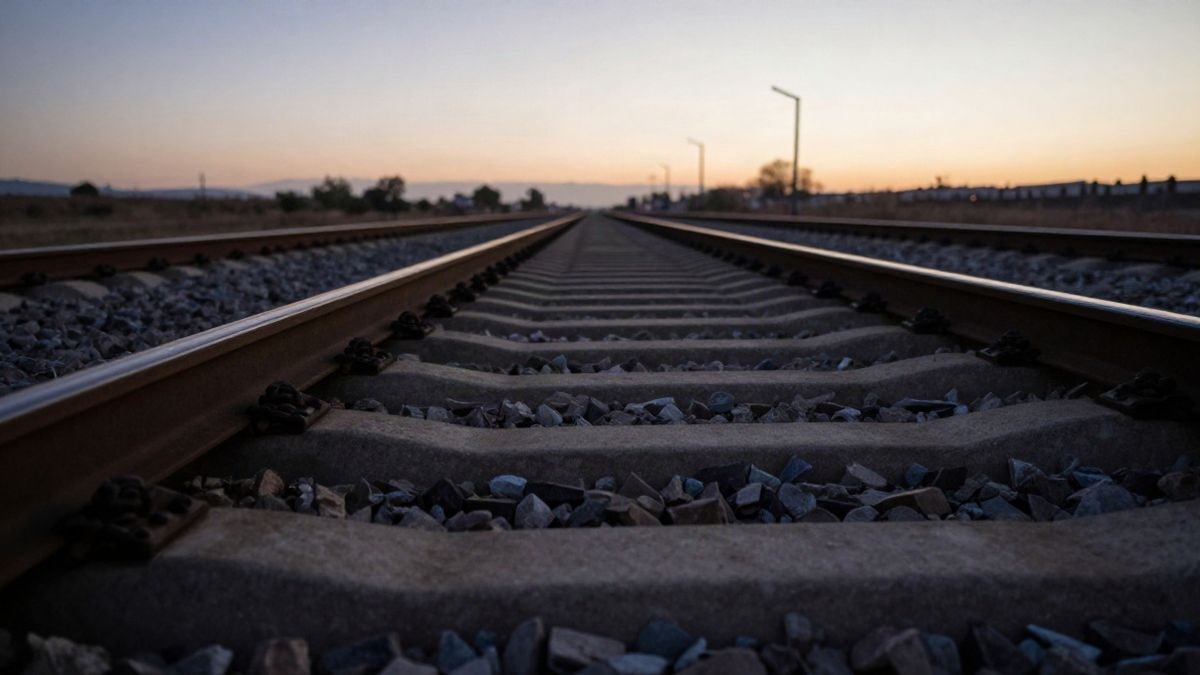 Imagen ilustrativa: vías de tren vacías a ras de suelo bajo un cielo al atardecer