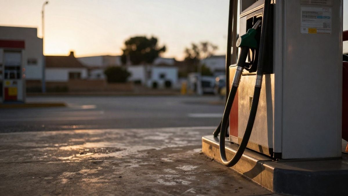 Imagen ilustrativa: un surtidor de combustible al atardecer con luz de contraluz y sombras largas