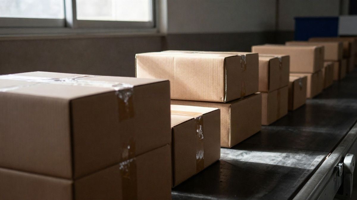 Illustrative image: unbranded cardboard boxes stacked on a warehouse conveyor belt, illuminated by natural side light.