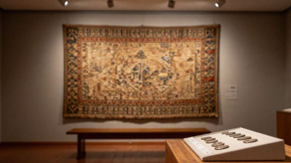 Illustrative image: museum room with a tapestry hanging on the wall and a display case with ancient coins
