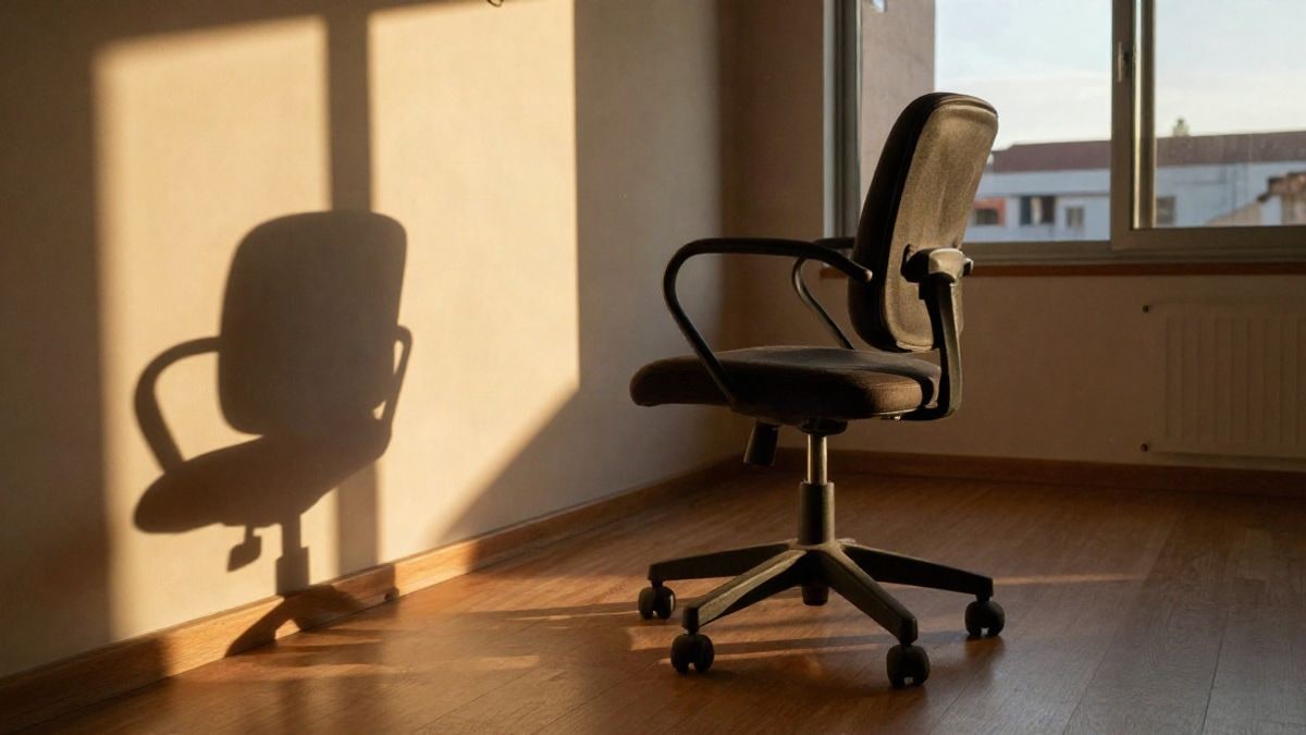 Imagen ilustrativa: silla de oficina vacía y sombras largas sobre el suelo al atardecer, con luz cálida entrando por una ventana