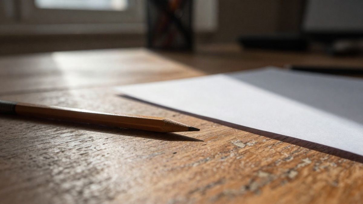 Imagen ilustrativa: detalle de una mesa de madera con papel en blanco y un lápiz bajo luz natural de ventana