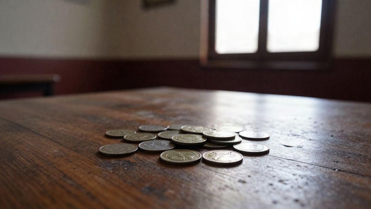 Imagen ilustrativa: monedas antiguas apiladas sobre una mesa de madera iluminada por luz natural lateral