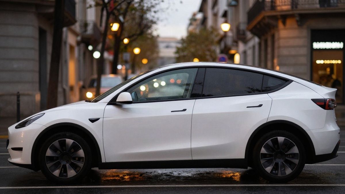 Imagen ilustrativa: un coche eléctrico blanco aparcado en una calle urbana mojada al atardecer, con luces desenfocadas al fondo