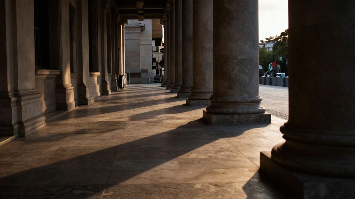Illustrative image: empty corridor of an institutional building with columns and long shadows at sunset