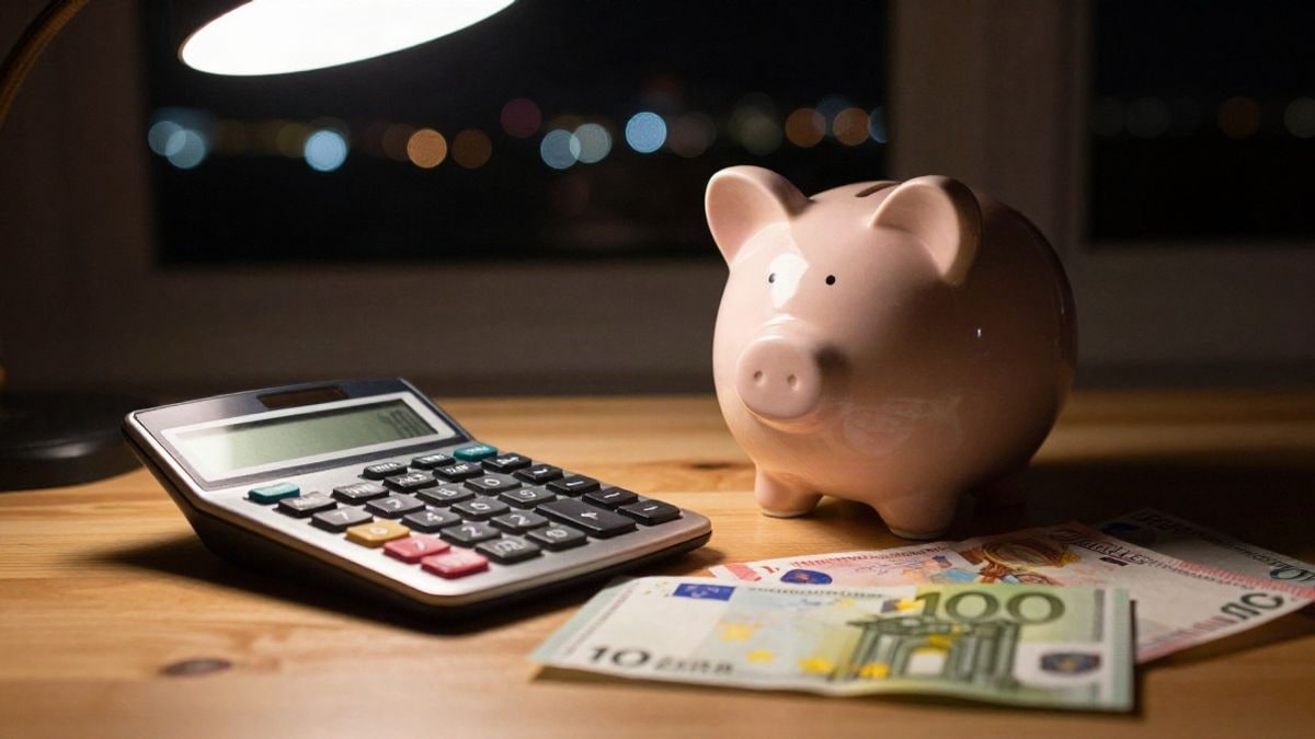 Imagen ilustrativa: escritorio nocturno con calculadora, hucha y billetes de euro bajo luz artificial