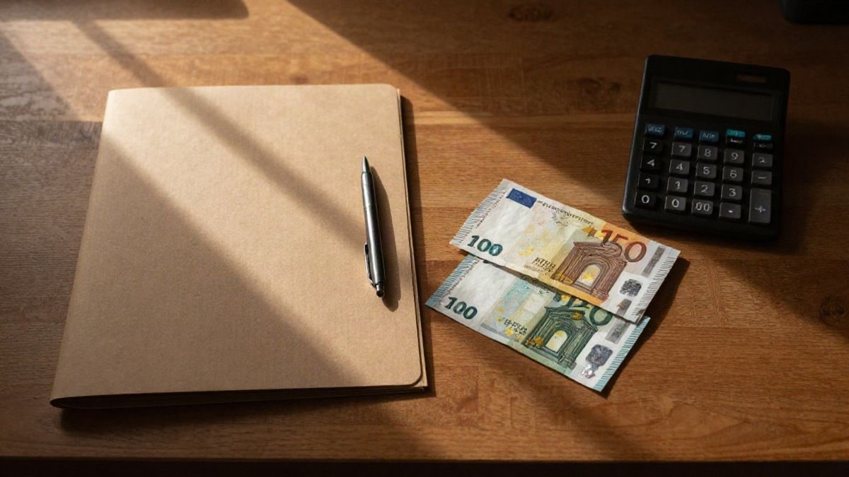 Imagen ilustrativa: mesa de madera vista desde arriba con billetes de euro, una calculadora y una carpeta cerrada