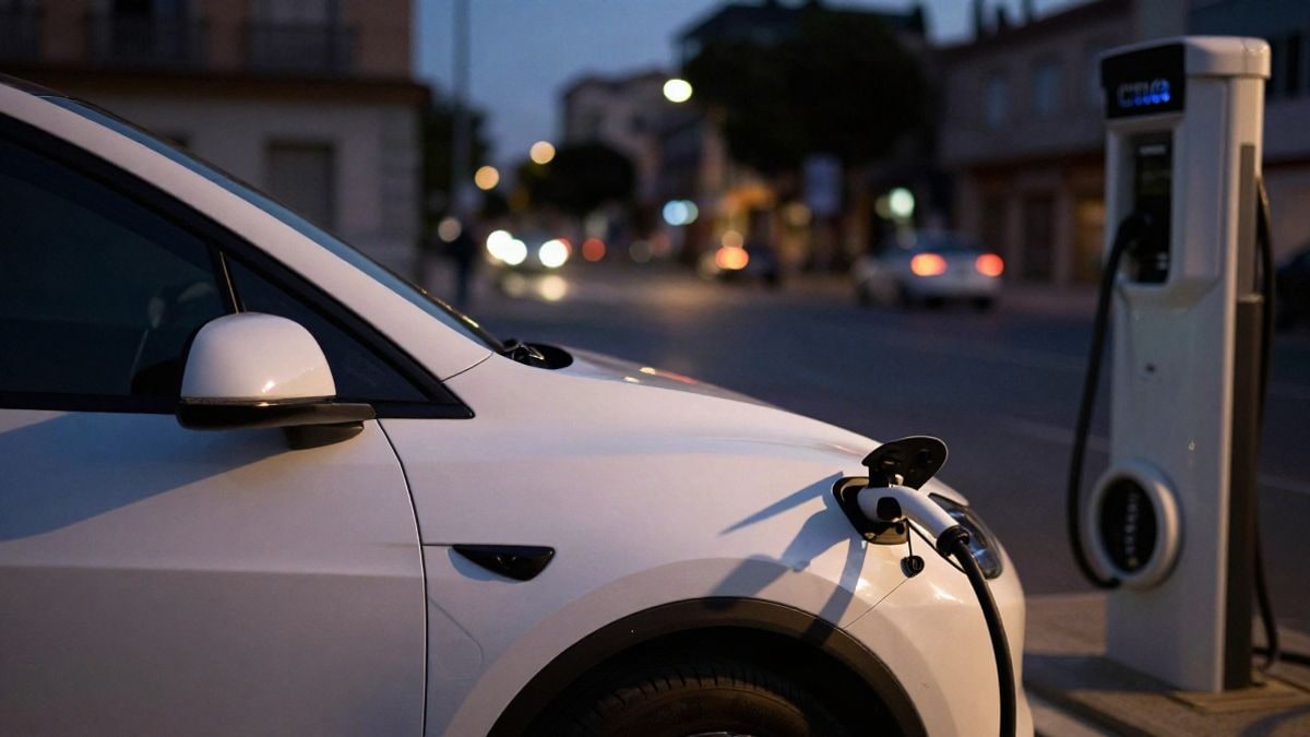 Imagen ilustrativa: un coche eléctrico enchufado a un punto de carga al atardecer, con las luces de la ciudad desenfocadas al fondo
