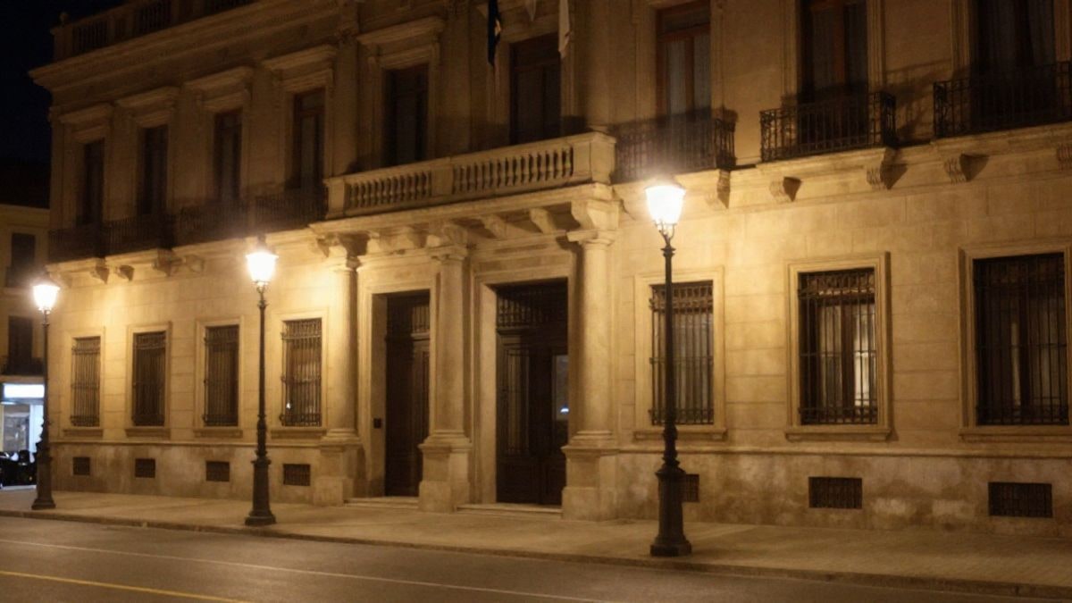 Imagen ilustrativa: fachada de un edificio institucional iluminada de noche por farolas y focos