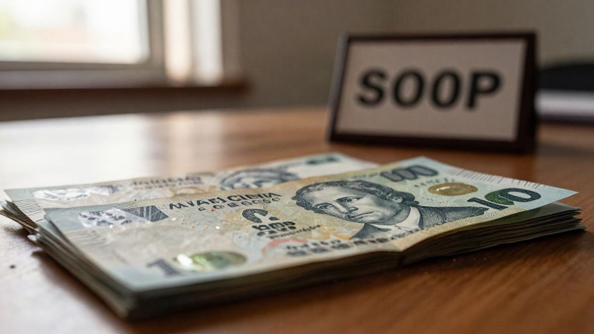 Imagen ilustrativa: primer plano de billetes y un cartel de cierre sobre una mesa de madera