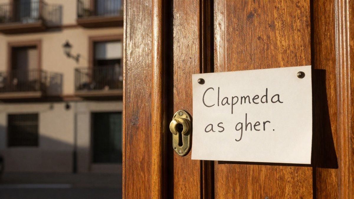 Illustrative image: detail of a wooden door with a handwritten sign and a blurred residential facade in the background