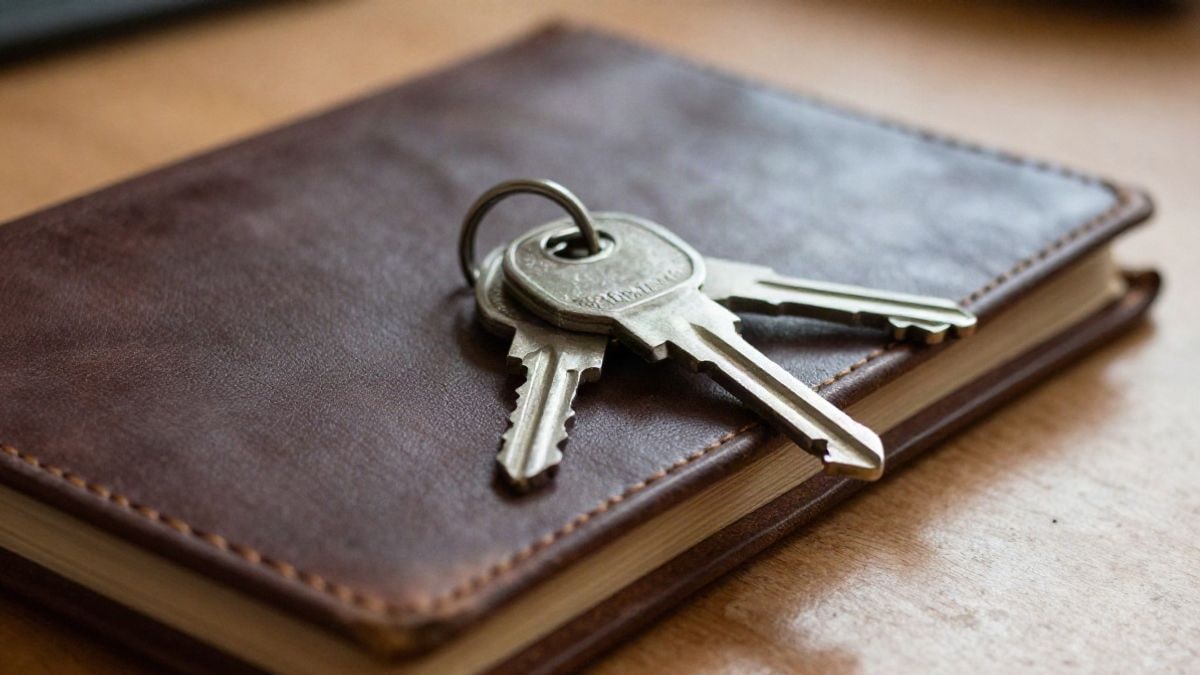 Illustrative image: truck keys and a logbook on a wooden table illuminated by warm light