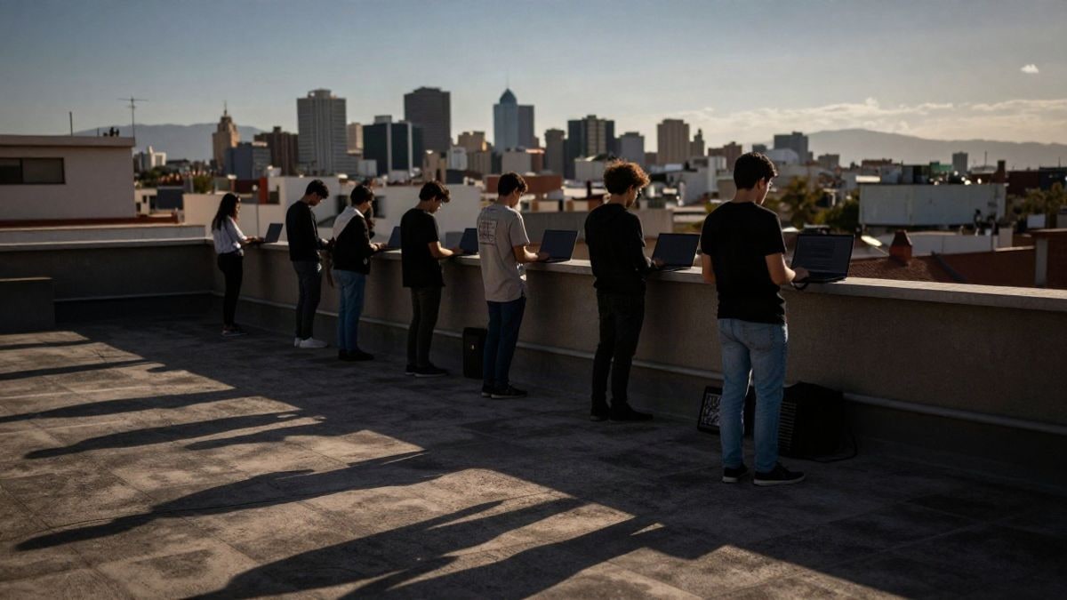 Imagen ilustrativa: siluetas de emprendedores trabajando en portátiles en una azotea al atardecer