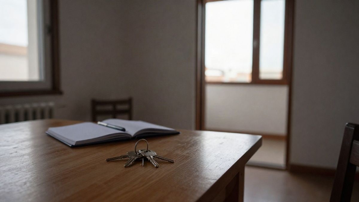 Illustrative image: wooden table by a window with side light, featuring a set of keys and a closed notebook