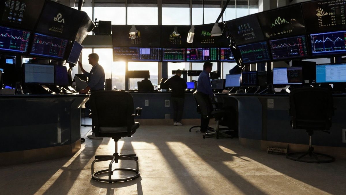 Imagen ilustrativa: contraluz al atardecer en una sala de mercados con pantallas desenfocadas y sombras largas