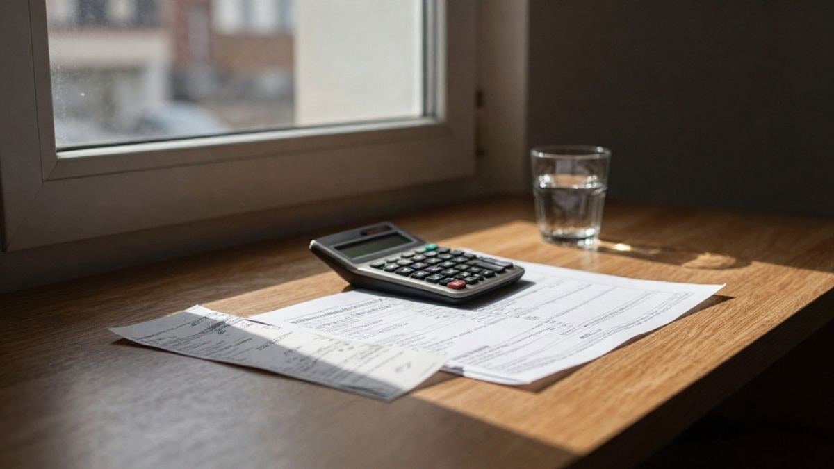 Illustrative image: a wooden desk by a window with a calculator and bills on the table, with natural side light