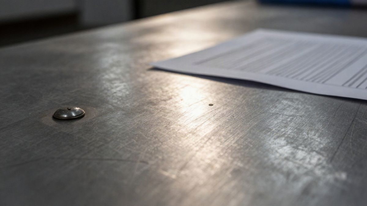 Illustrative image: brushed steel surface with warm afternoon reflections and a folded document in the foreground