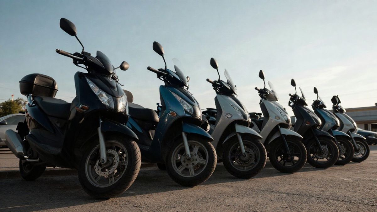 Illustrative image: row of motorcycles parked at a dealership at sunset