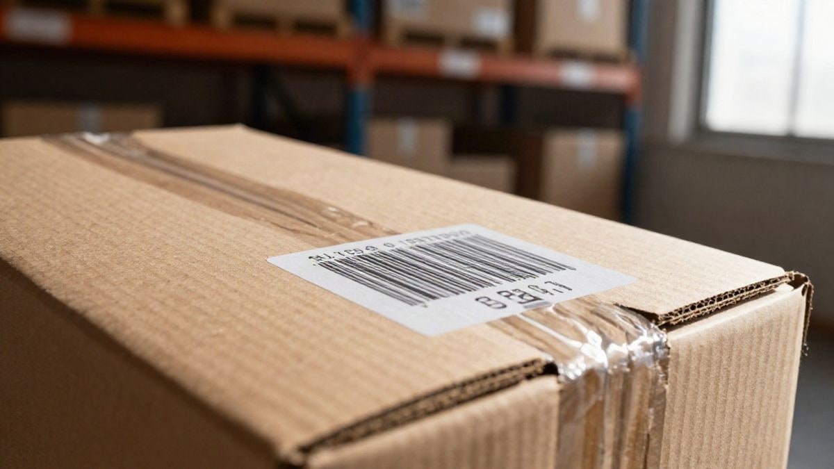 Imagen ilustrativa: primer plano de cajas de cartón apiladas con etiqueta de código de barras en un almacén