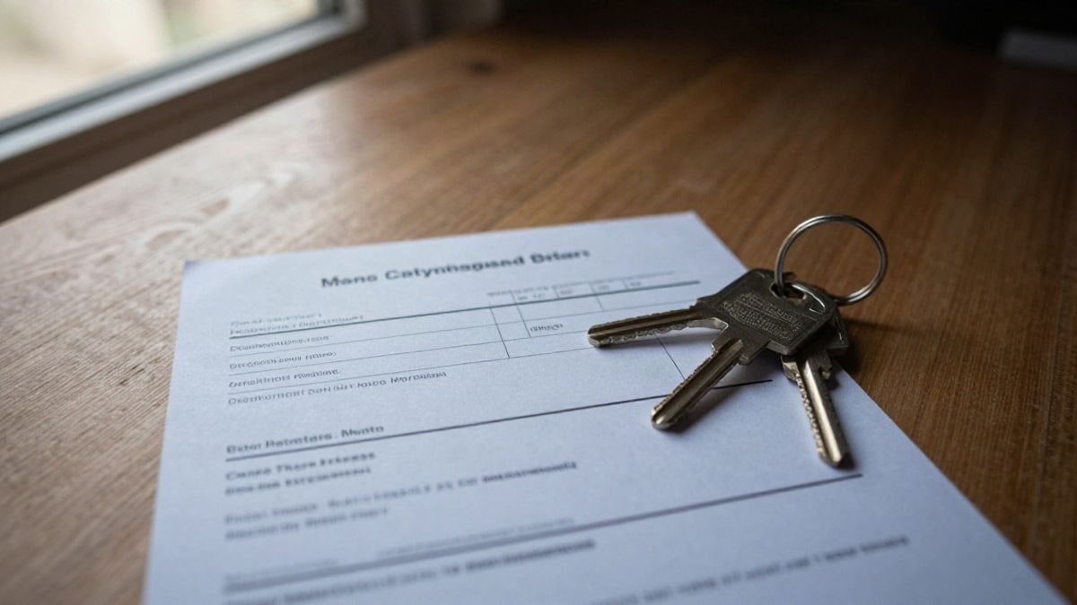 Illustrative image: overhead view of a mortgage receipt and keys on a wooden table