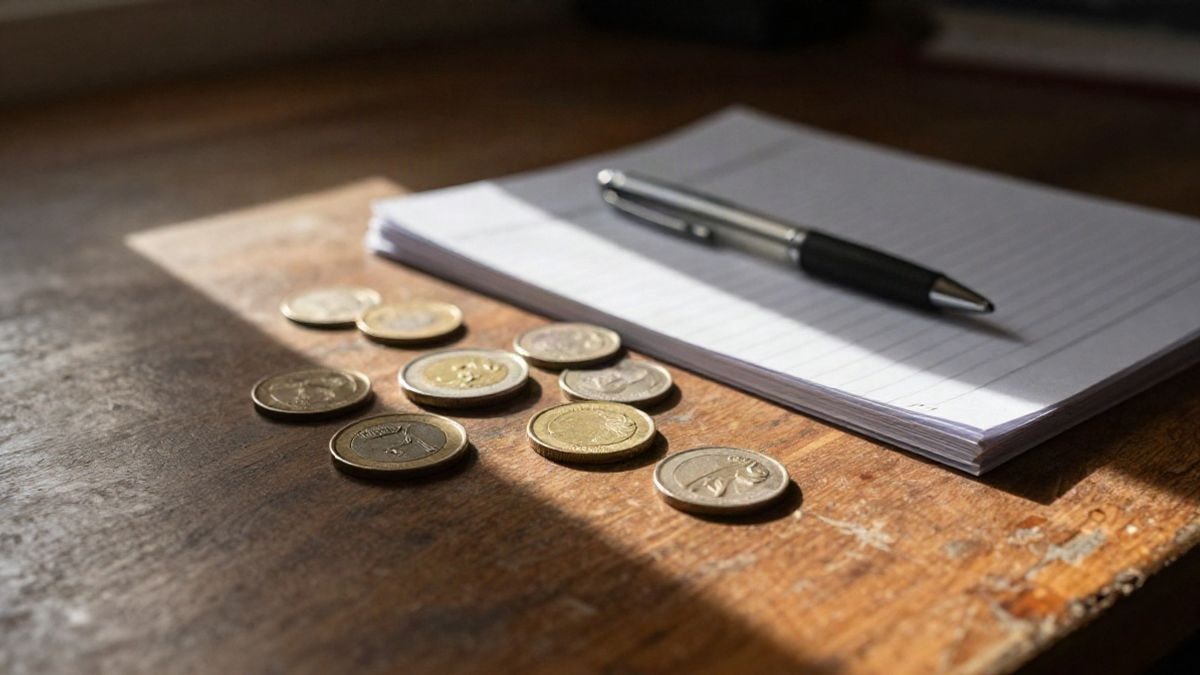 Illustrative image: detail of a wooden table with coins and an open notebook under natural window light