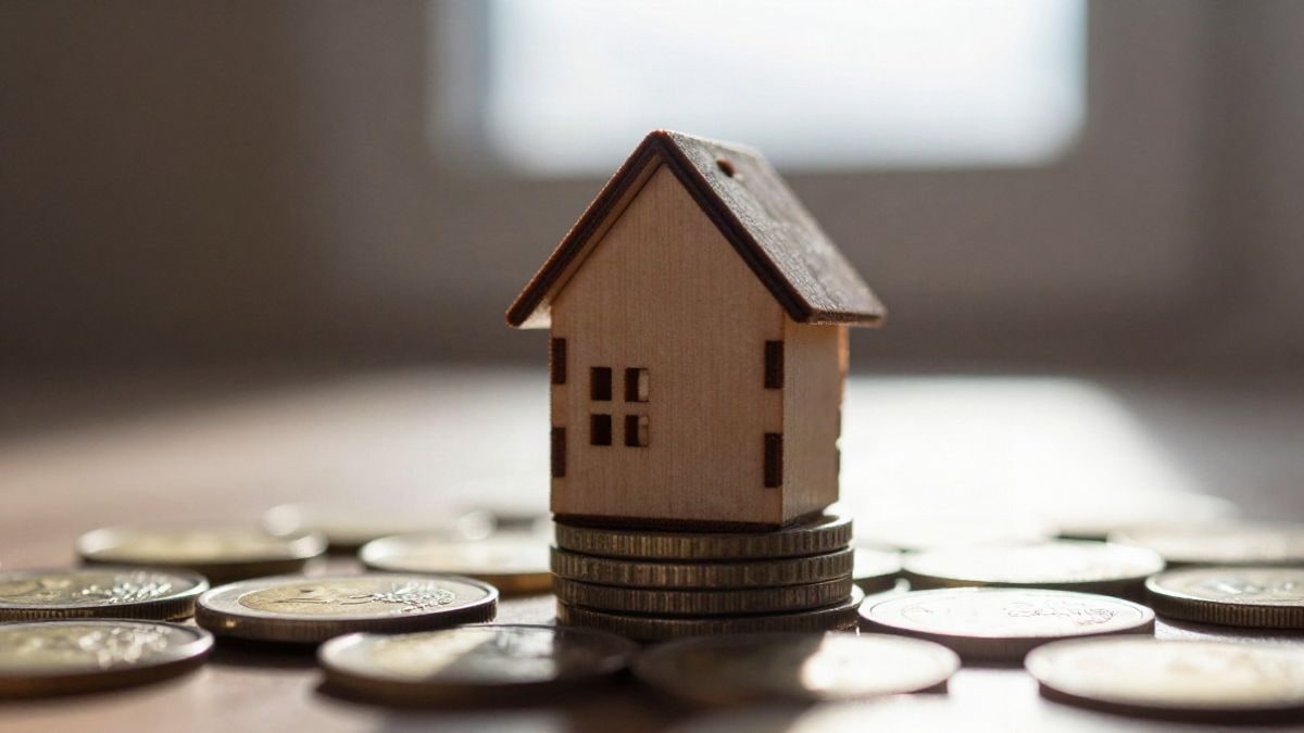 Imagen ilustrativa: maqueta de una casa de madera sobre monedas de euro, en primer plano y con luz natural