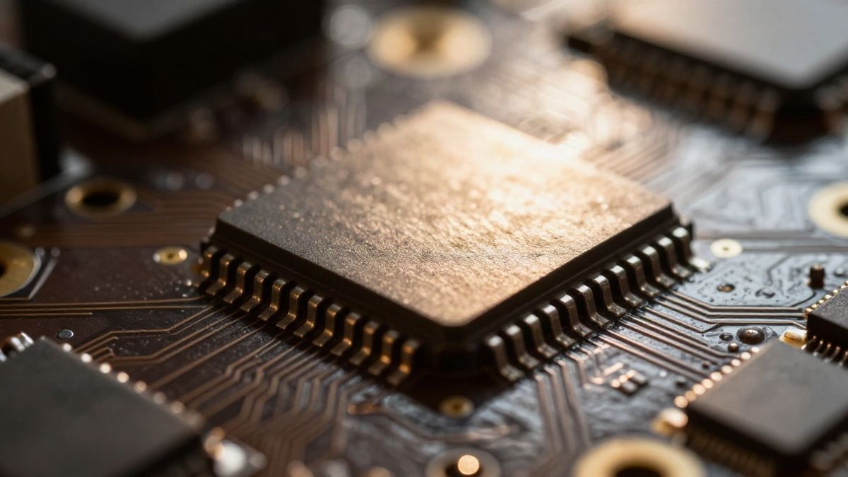 Imagen ilustrativa: primer plano de un microchip iluminado sobre una placa de circuitos, con fondo desenfocado