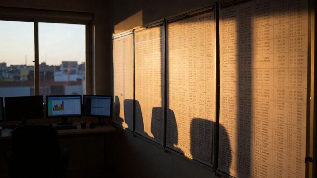Imagen ilustrativa: panel de cotizaciones bursátiles en una sala de mercados vacía al atardecer