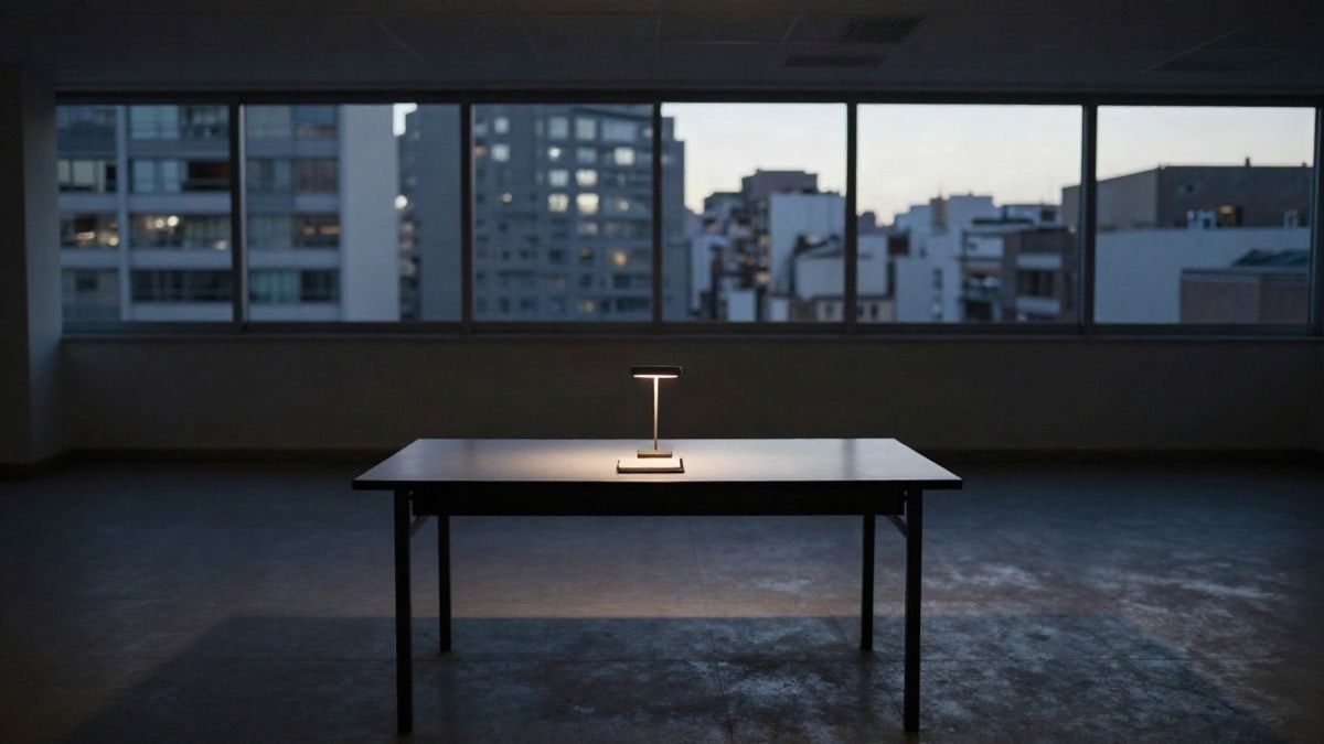 Imagen ilustrativa: una mesa vacía en una sala financiera al atardecer, con una lámpara pequeña descentrada y amplio espacio vacío alrededor