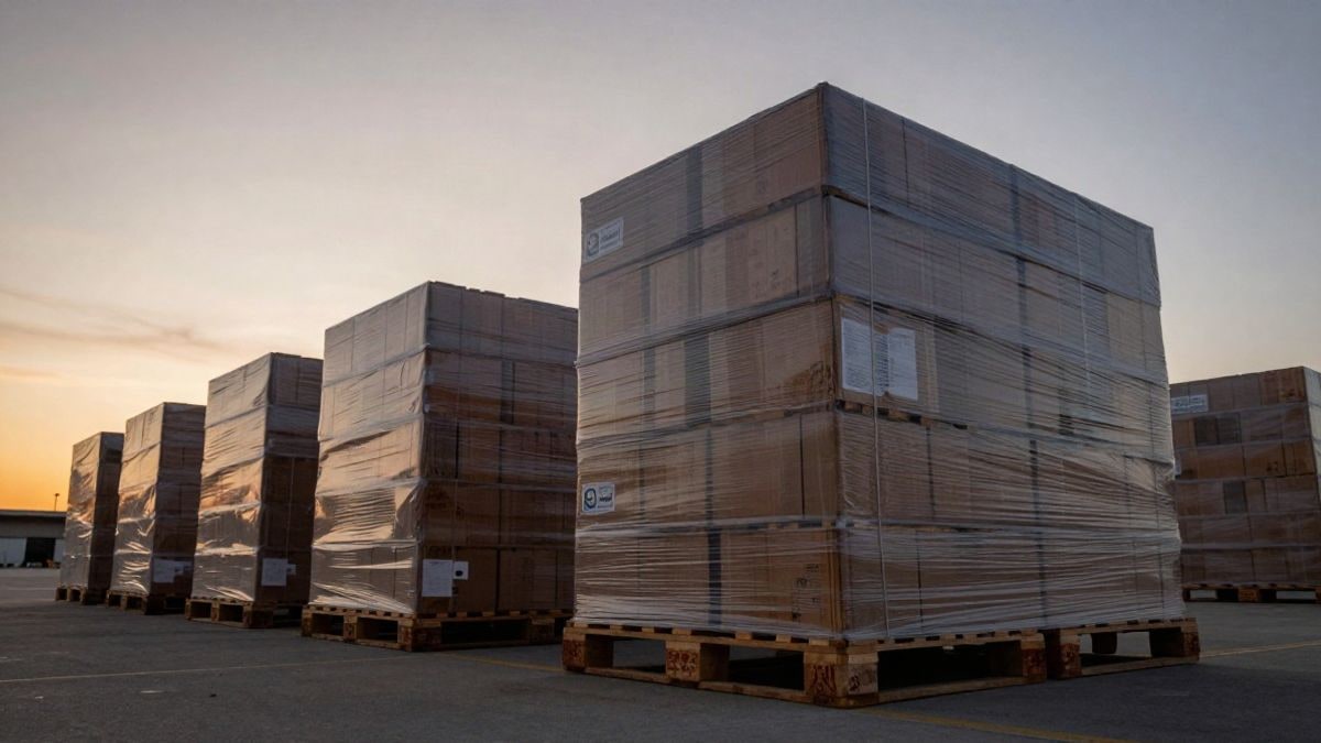 Imagen ilustrativa: ángulo bajo de cajas de carga apiladas en una terminal aeroportuaria al atardecer