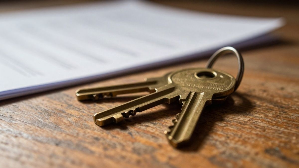 Illustrative image: a close-up of metal keys on a wooden table, with a blurred folded document in the background