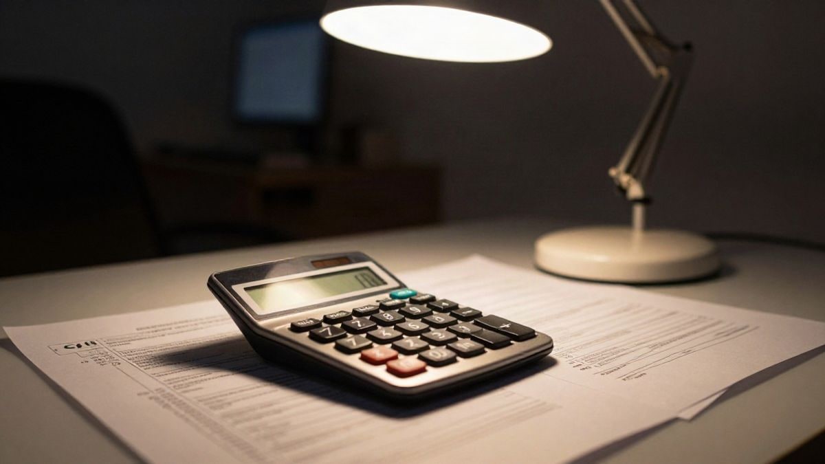 Illustrative image: calculator and tax forms on a desk under a desk lamp in a night office