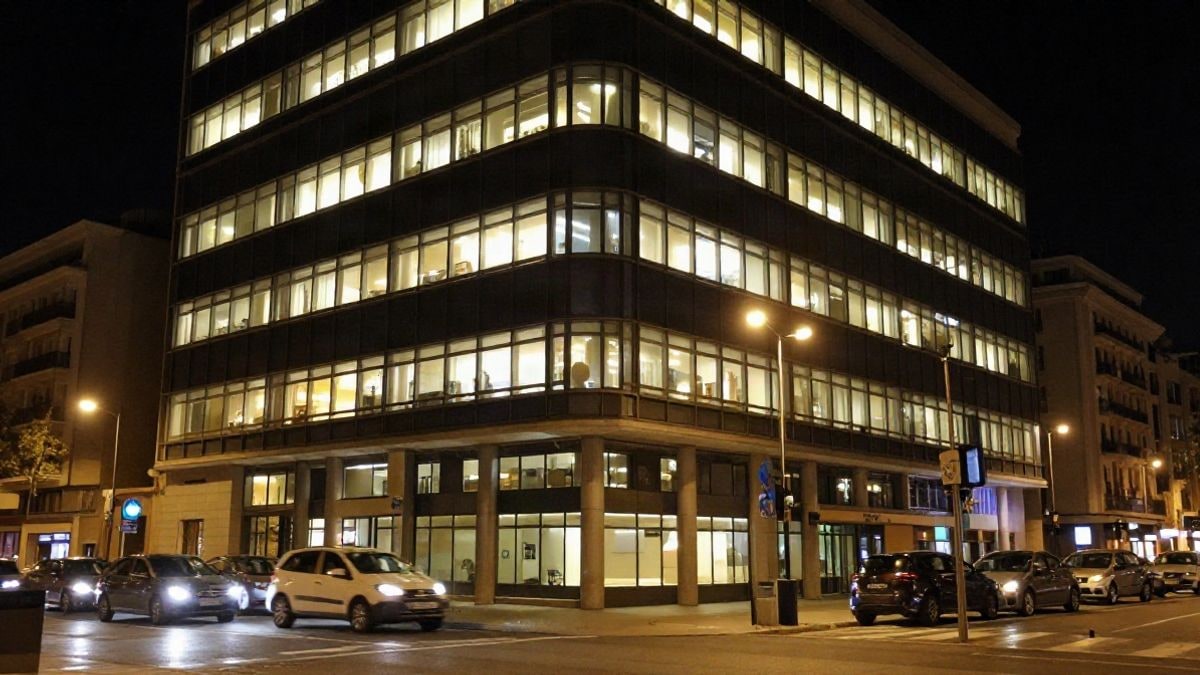 Imagen ilustrativa: fachada de un edificio de oficinas iluminado por la noche