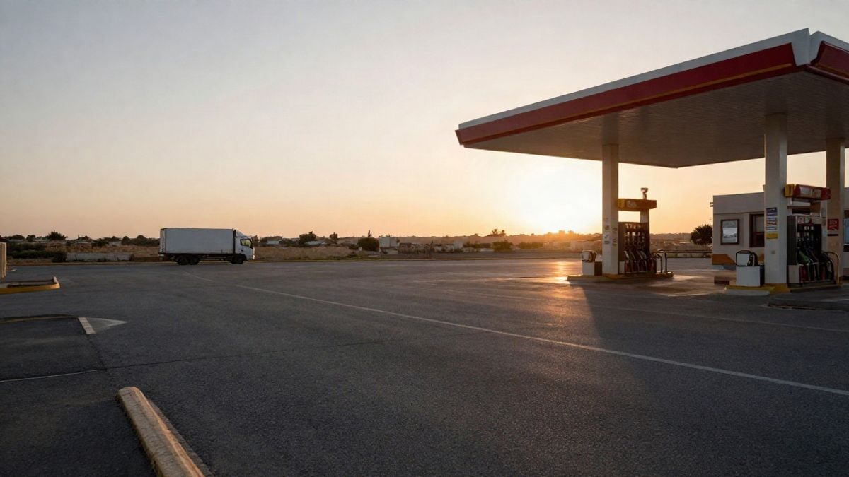Imagen ilustrativa: una estación de servicio genérica al atardecer con un camión lejano y amplio espacio vacío
