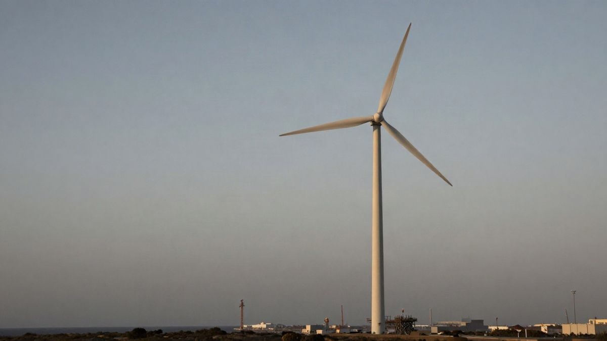 Imagen ilustrativa: aerogenerador en construcción en un entorno portuario genérico