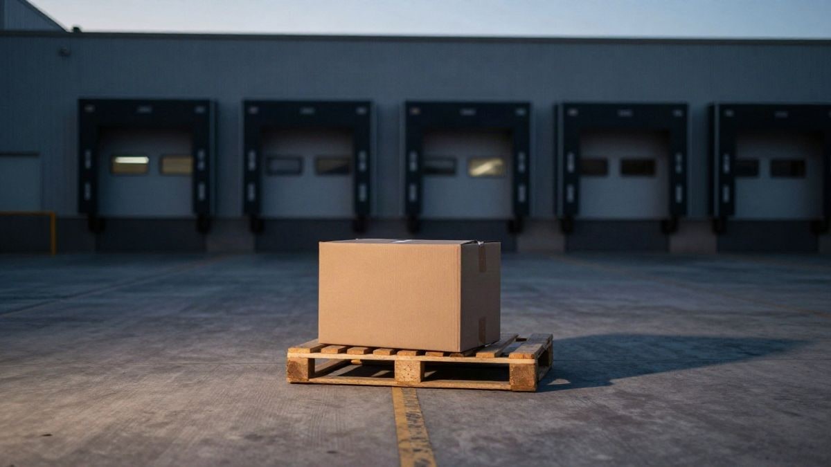 Illustrative image: empty loading dock at sunset with a box on a pallet
