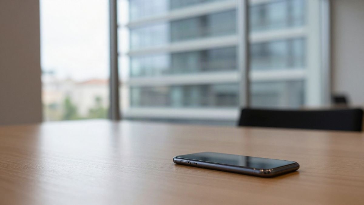 Imagen ilustrativa: un teléfono móvil sobre una mesa de oficina bancaria con un edificio de cristal al fondo