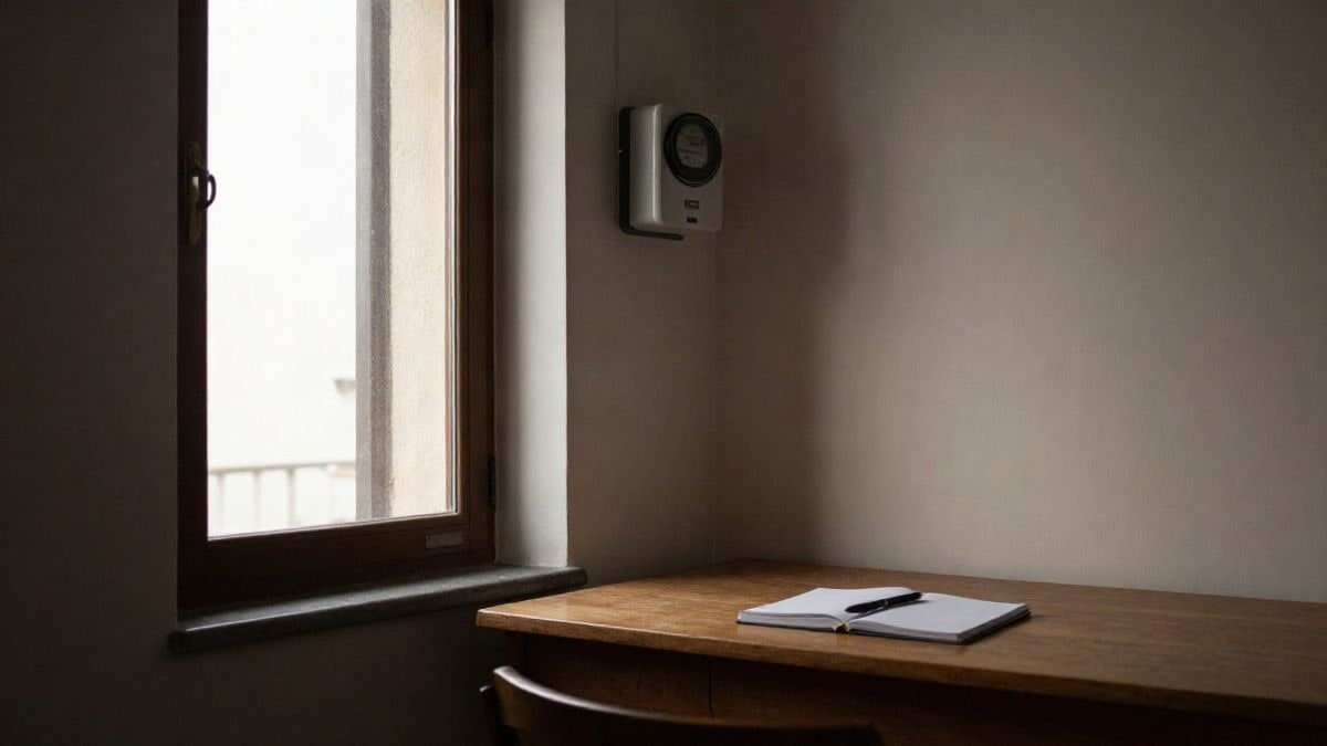 Illustrative image: wooden desk by a window with side light, an electric meter on the wall, and a notebook