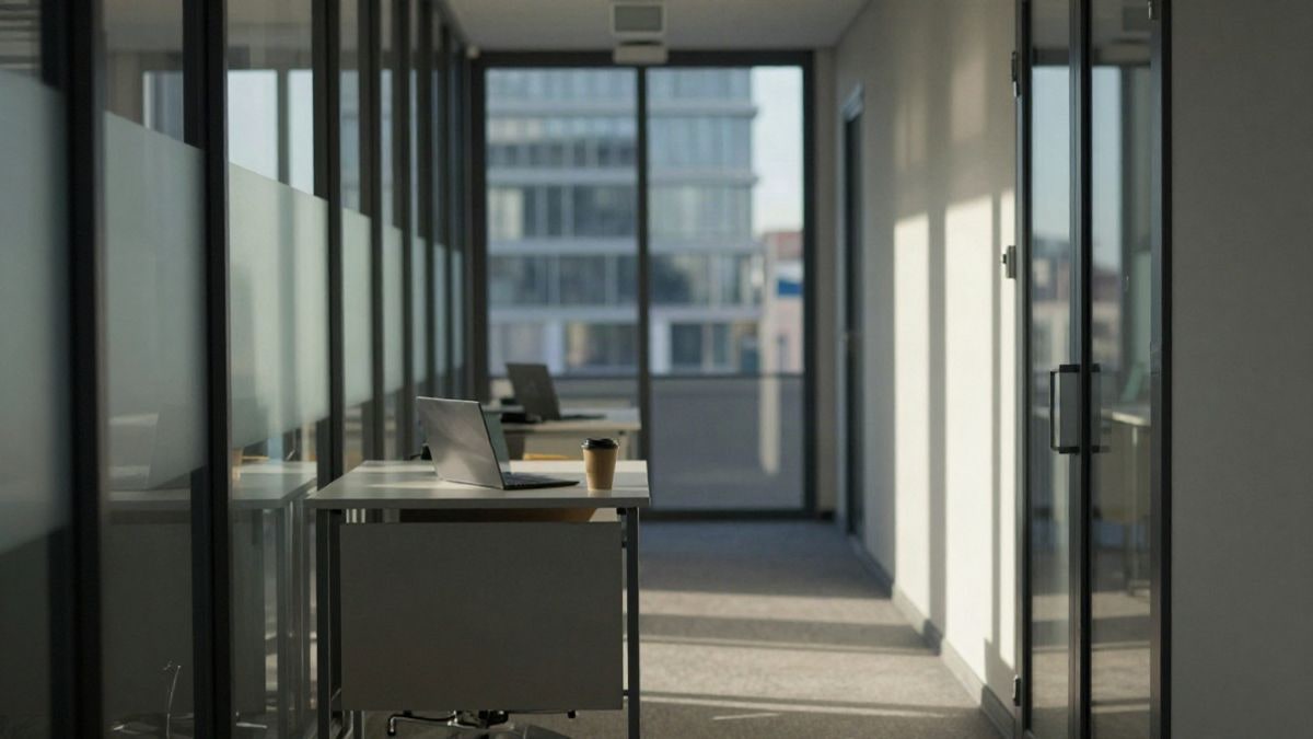 Illustrative image: corridor of modern offices with empty desk and natural light