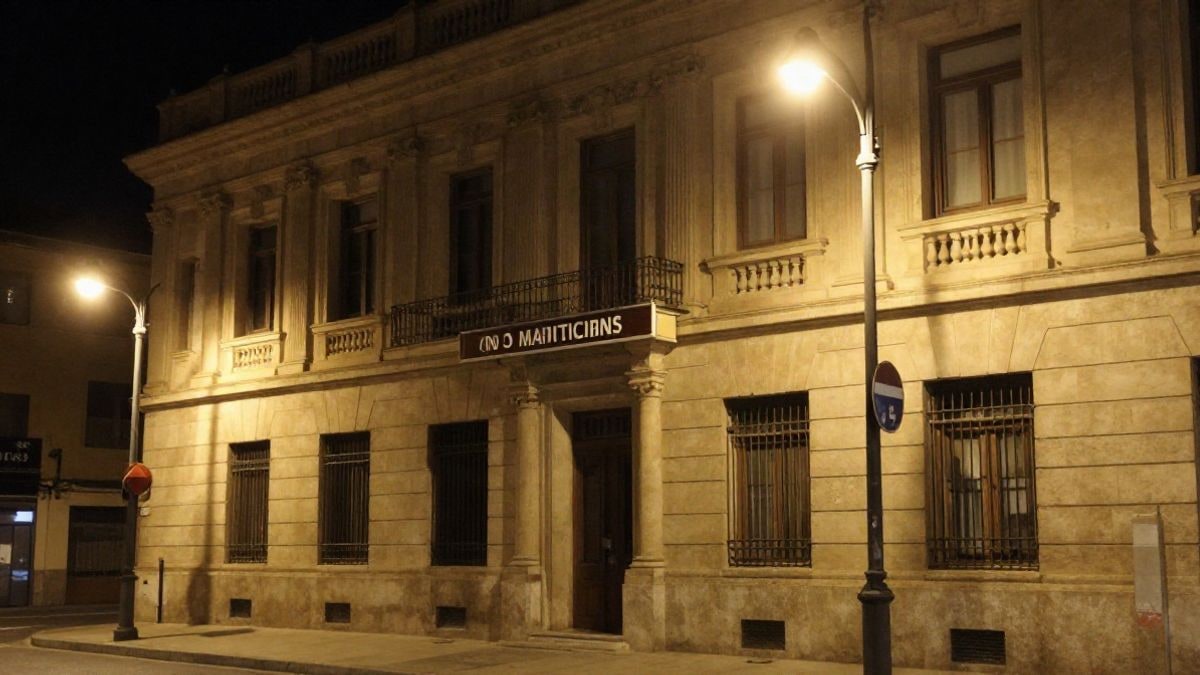 Imagen ilustrativa: fachada de un edificio administrativo iluminada por farolas en horario nocturno