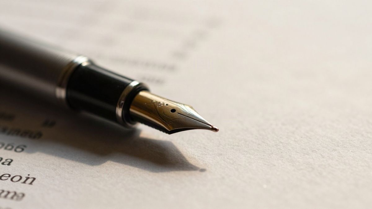 Illustrative image: close-up of a fountain pen on a financial contract with blurred figures in the background