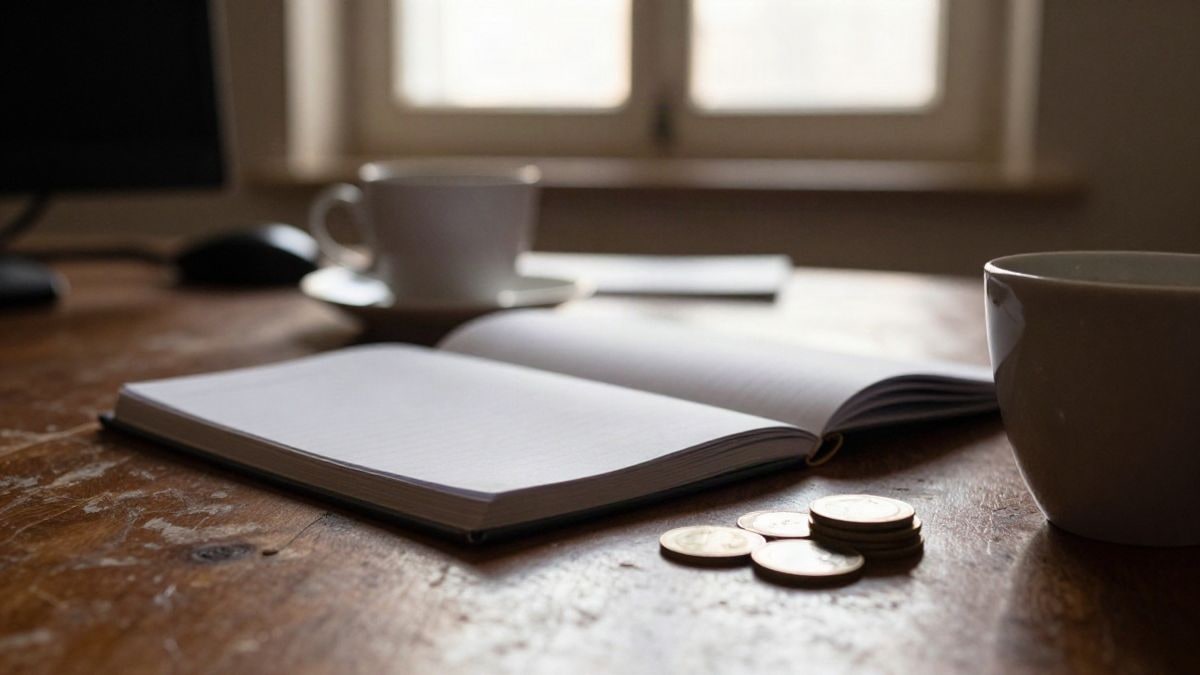 Imagen ilustrativa: mesa de madera con una libreta abierta, una taza de café y monedas, con luz cálida de ventana al fondo